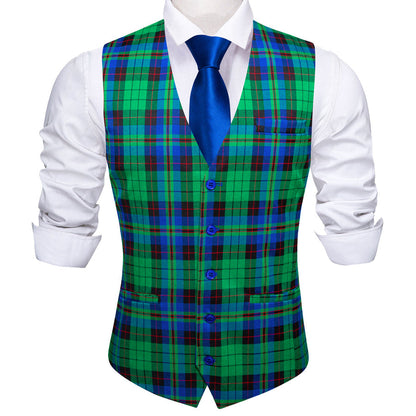 Green Blue Plaid Novelty Jacquard Men's Vest Set vest set    - Sophisticated Gentlemen