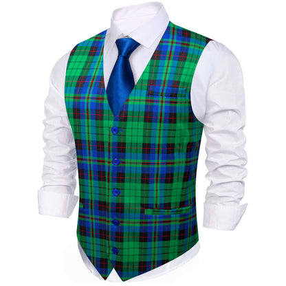 Green Blue Plaid Novelty Jacquard Men's Vest Set vest set    - Sophisticated Gentlemen