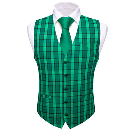 Light Green Plaid Novelty Jacquard Men's Vest Set vest set    - Sophisticated Gentlemen