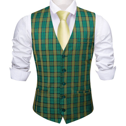 Deep Green Yellow Plaid Novelty Jacquard Men's Vest Set vest set    - Sophisticated Gentlemen