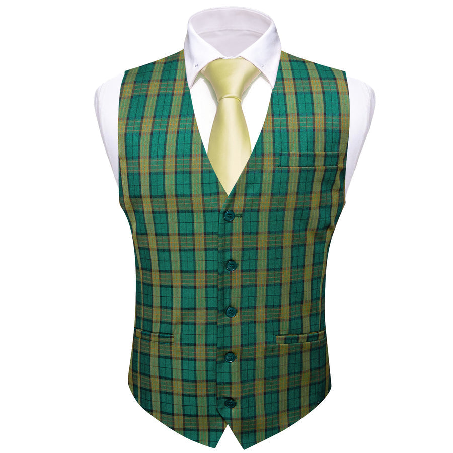 Deep Green Yellow Plaid Novelty Jacquard Men's Vest Set vest set    - Sophisticated Gentlemen