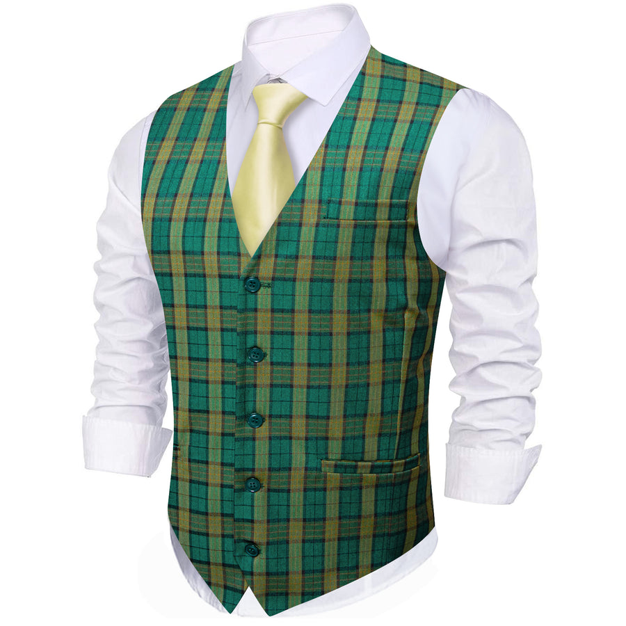 Deep Green Yellow Plaid Novelty Jacquard Men's Vest Set vest set    - Sophisticated Gentlemen