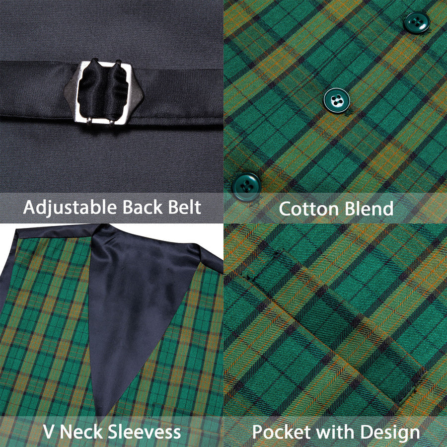 Deep Green Yellow Plaid Novelty Jacquard Men's Vest Set vest set    - Sophisticated Gentlemen