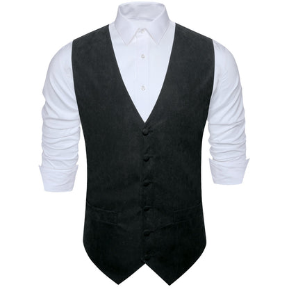 Dark Black Solid Splicing Jacquard Vest Set vest set    - Sophisticated Gentlemen