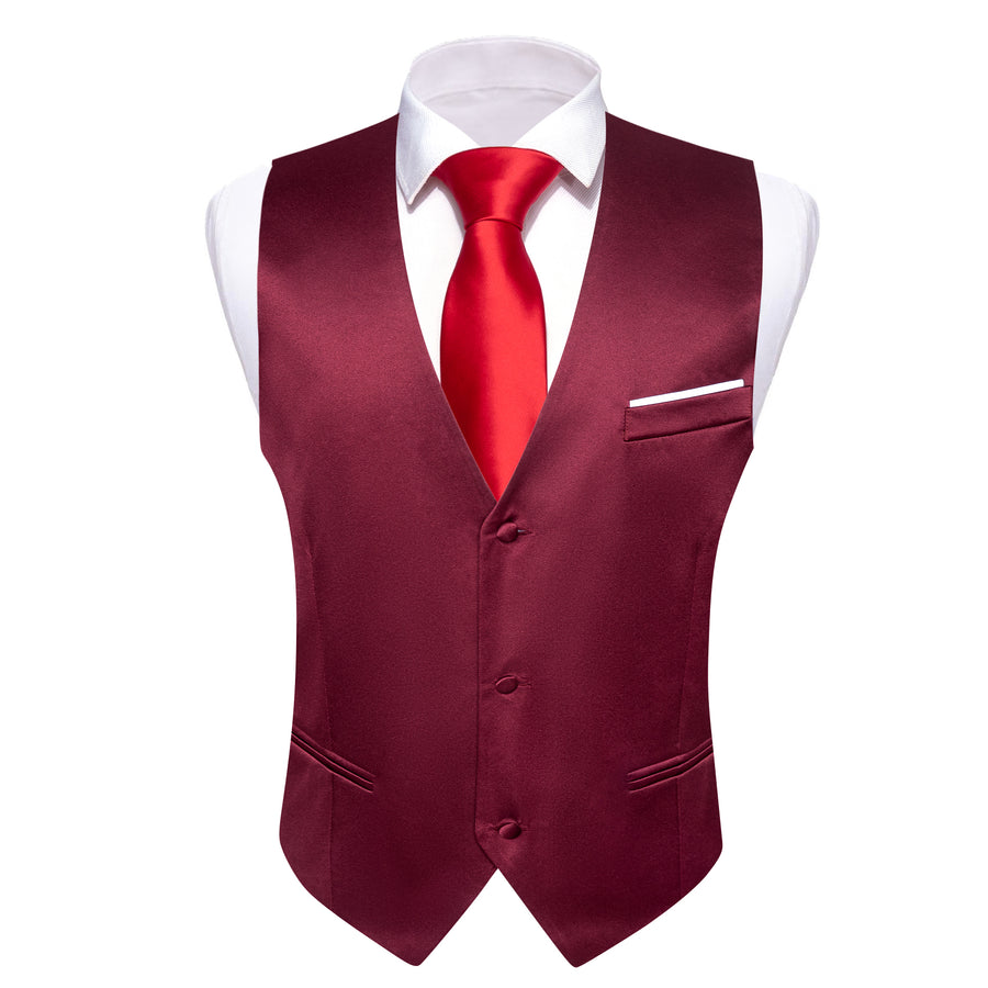 Burgundy Red Solid Satin Silk Men's V Neck Vest Set vest set    - Sophisticated Gentlemen