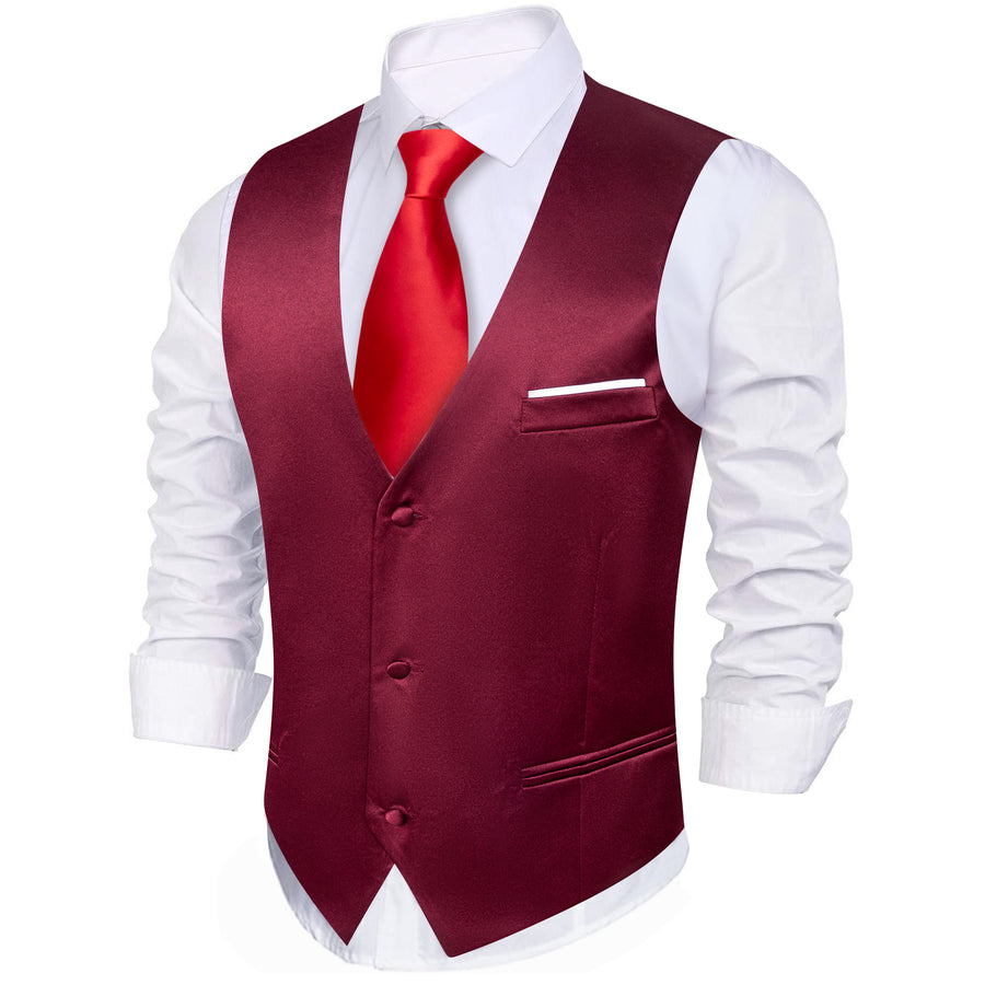 Burgundy Red Solid Satin Silk Men's V Neck Vest Set vest set    - Sophisticated Gentlemen