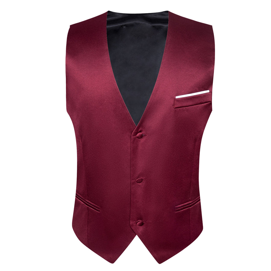 Burgundy Red Solid Satin Silk Men's V Neck Vest Set vest set    - Sophisticated Gentlemen