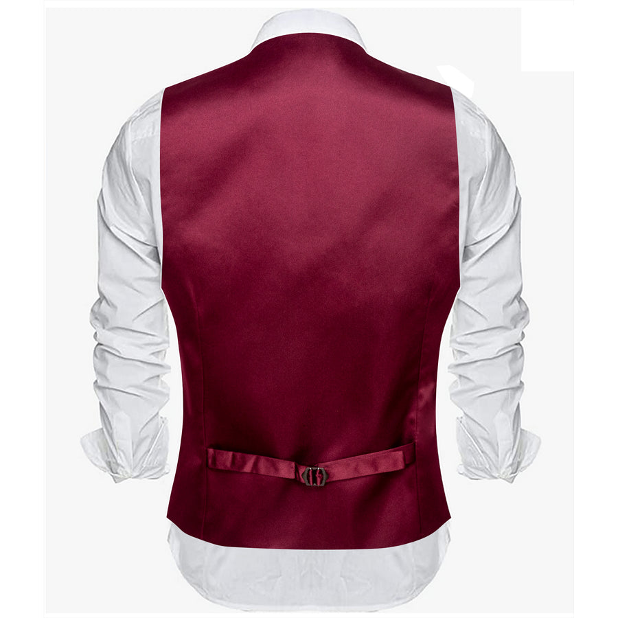 Burgundy Red Solid Satin Silk Men's V Neck Vest Set vest set    - Sophisticated Gentlemen
