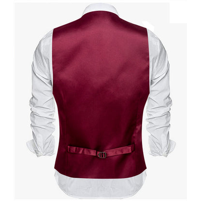 Burgundy Red Solid Satin Silk Men's V Neck Vest Set vest set    - Sophisticated Gentlemen