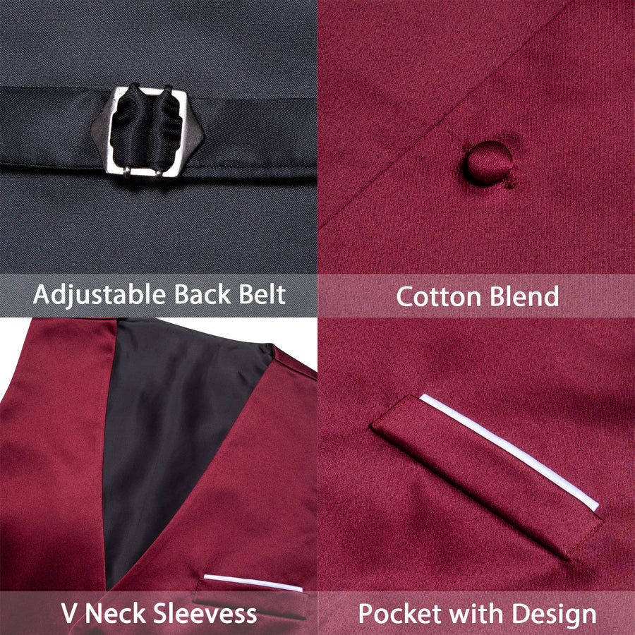 Burgundy Red Solid Satin Silk Men's V Neck Vest Set vest set    - Sophisticated Gentlemen