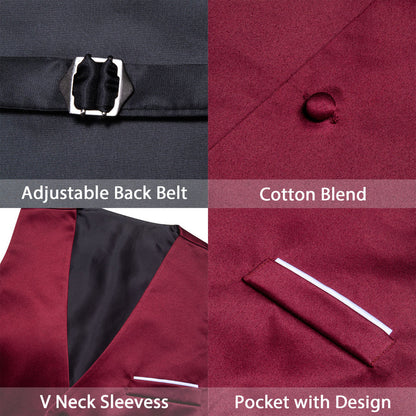Burgundy Red Solid Satin Silk Men's V Neck Vest Set vest set    - Sophisticated Gentlemen