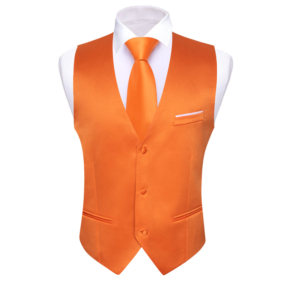 Orange Solid Satin Men's V Neck Vest Set vest set    - Sophisticated Gentlemen