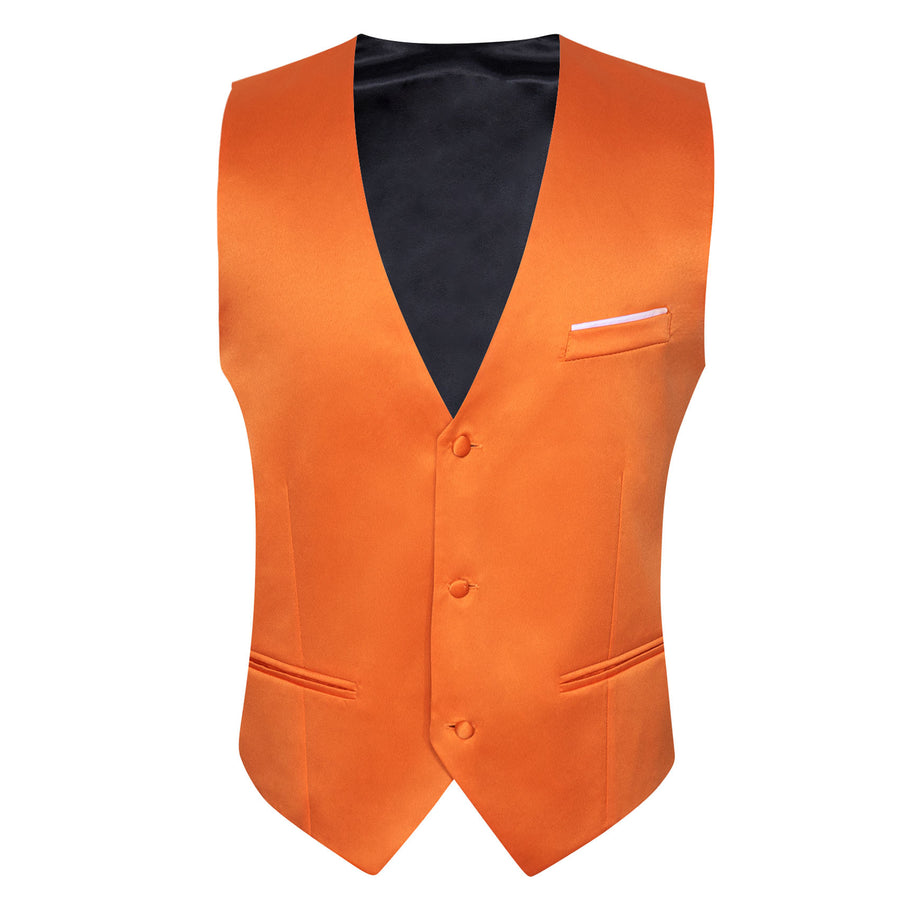 Orange Solid Satin Men's V Neck Vest Set vest set    - Sophisticated Gentlemen