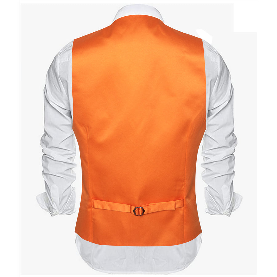 Orange Solid Satin Men's V Neck Vest Set vest set    - Sophisticated Gentlemen