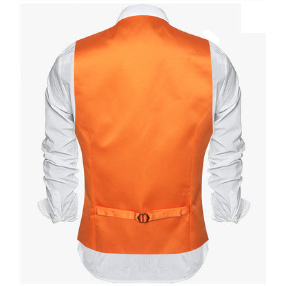 Orange Solid Satin Men's V Neck Vest Set vest set    - Sophisticated Gentlemen