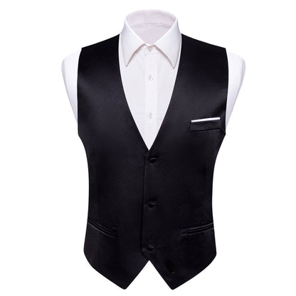 Black Solid Satin Men's V-Neck Business Vest Set vest set S (Chest 40")   - Sophisticated Gentlemen