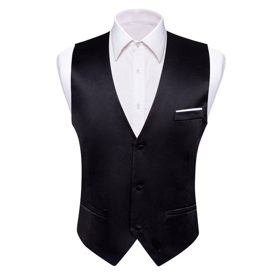Black Solid Satin Men's V-Neck Business Vest Set vest set S (Chest 40")   - Sophisticated Gentlemen
