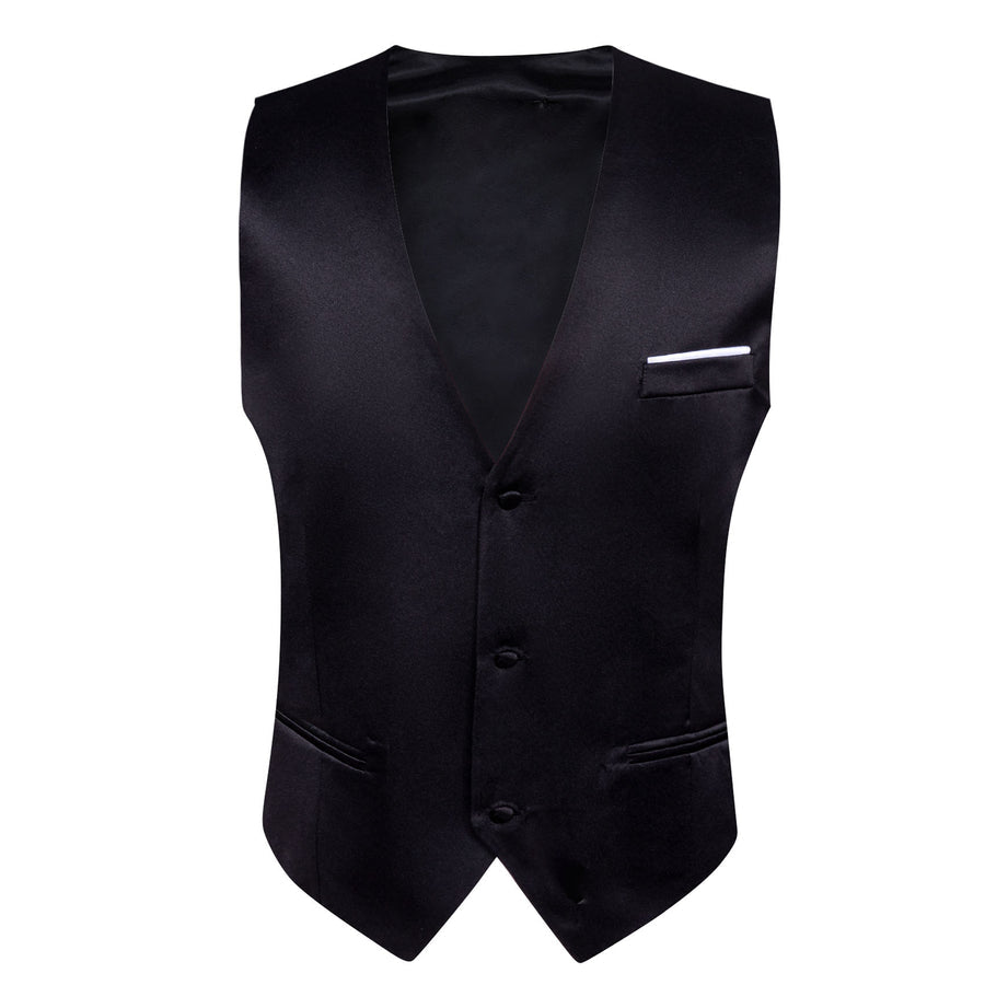 Black Solid Satin Men's V-Neck Business Vest Set vest set    - Sophisticated Gentlemen
