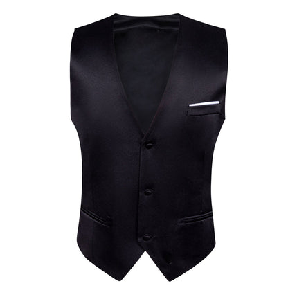 Black Solid Satin Men's V-Neck Business Vest Set vest set    - Sophisticated Gentlemen