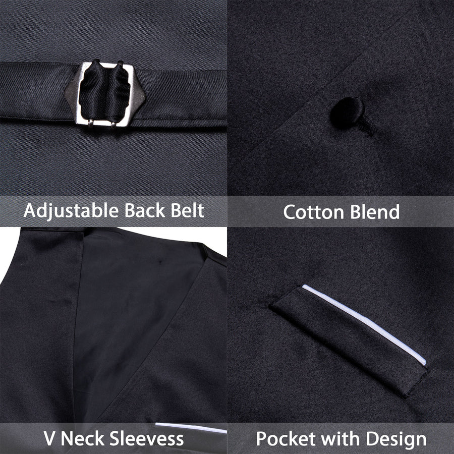 Black Solid Satin Men's V-Neck Business Vest Set vest set    - Sophisticated Gentlemen