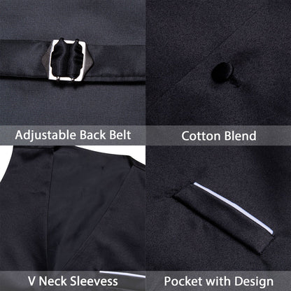 Black Solid Satin Men's V-Neck Business Vest Set vest set    - Sophisticated Gentlemen