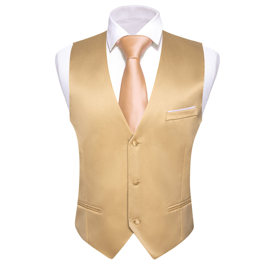 Champagne Solid Satin Men's V Neck Vest Set vest set    - Sophisticated Gentlemen