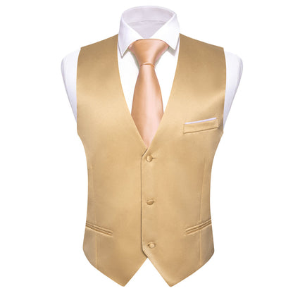Champagne Solid Satin Men's V Neck Vest Set vest set    - Sophisticated Gentlemen