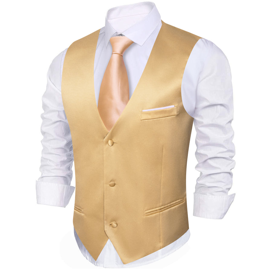 Champagne Solid Satin Men's V Neck Vest Set vest set    - Sophisticated Gentlemen