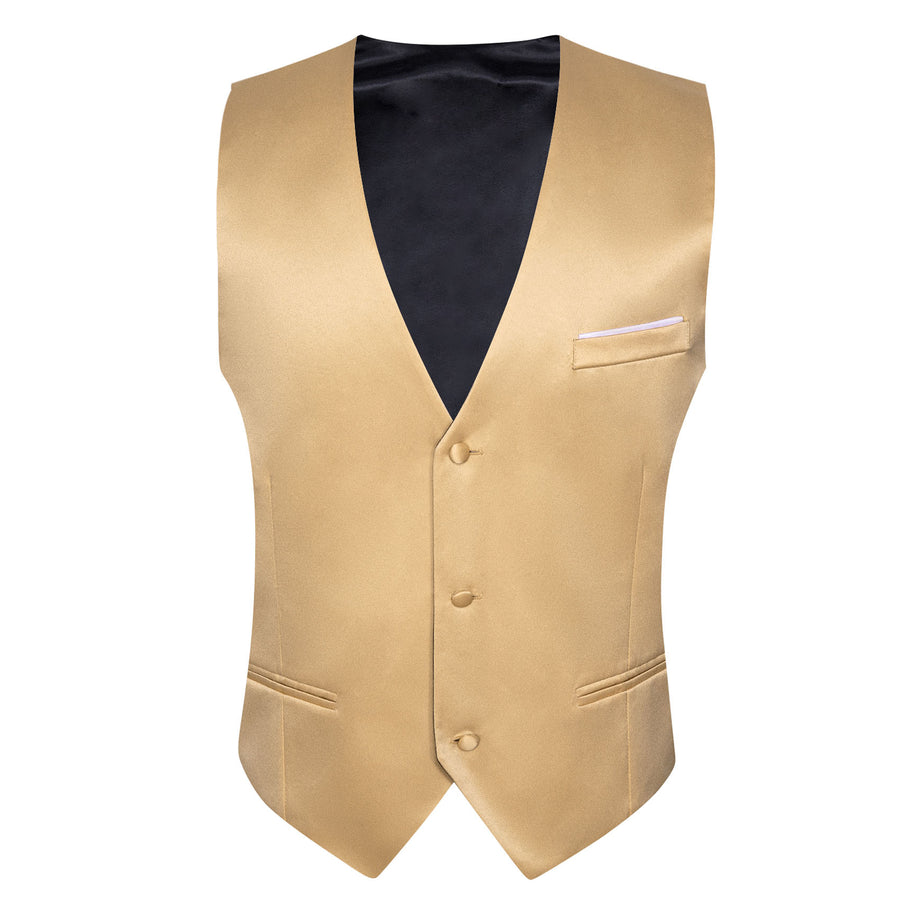Champagne Solid Satin Men's V Neck Vest Set vest set    - Sophisticated Gentlemen