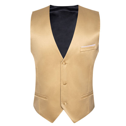 Champagne Solid Satin Men's V Neck Vest Set vest set    - Sophisticated Gentlemen