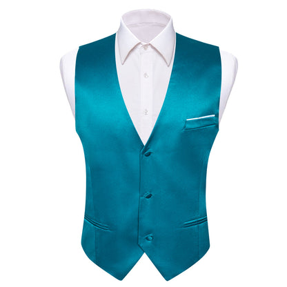 Teal Blue Solid Satin V Neck Vest Set vest set S (Chest 40")   - Sophisticated Gentlemen