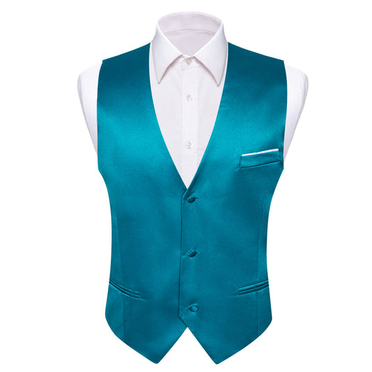 Teal Blue Solid Satin V Neck Vest Set vest set S (Chest 40")   - Sophisticated Gentlemen