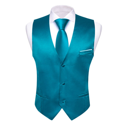 Teal Blue Solid Satin V Neck Vest Set vest set    - Sophisticated Gentlemen
