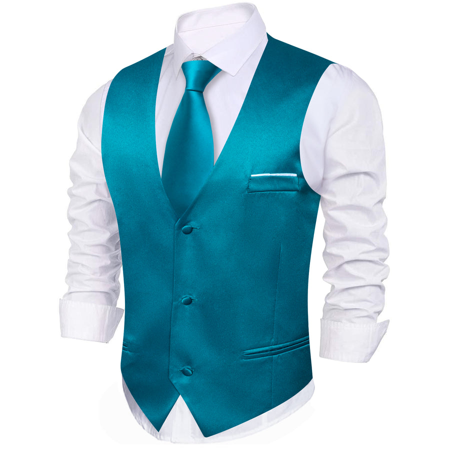 Teal Blue Solid Satin V Neck Vest Set vest set    - Sophisticated Gentlemen