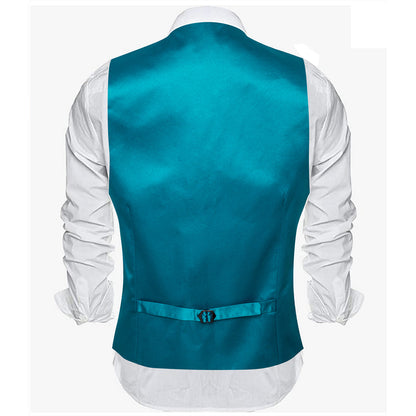 Teal Blue Solid Satin V Neck Vest Set vest set    - Sophisticated Gentlemen