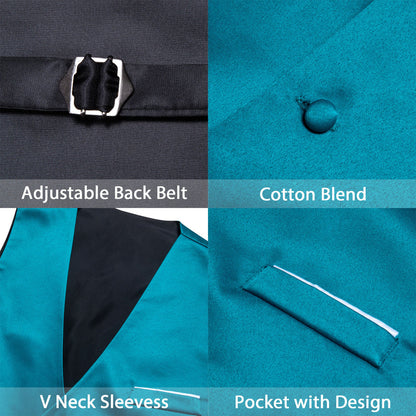 Teal Blue Solid Satin V Neck Vest Set vest set    - Sophisticated Gentlemen