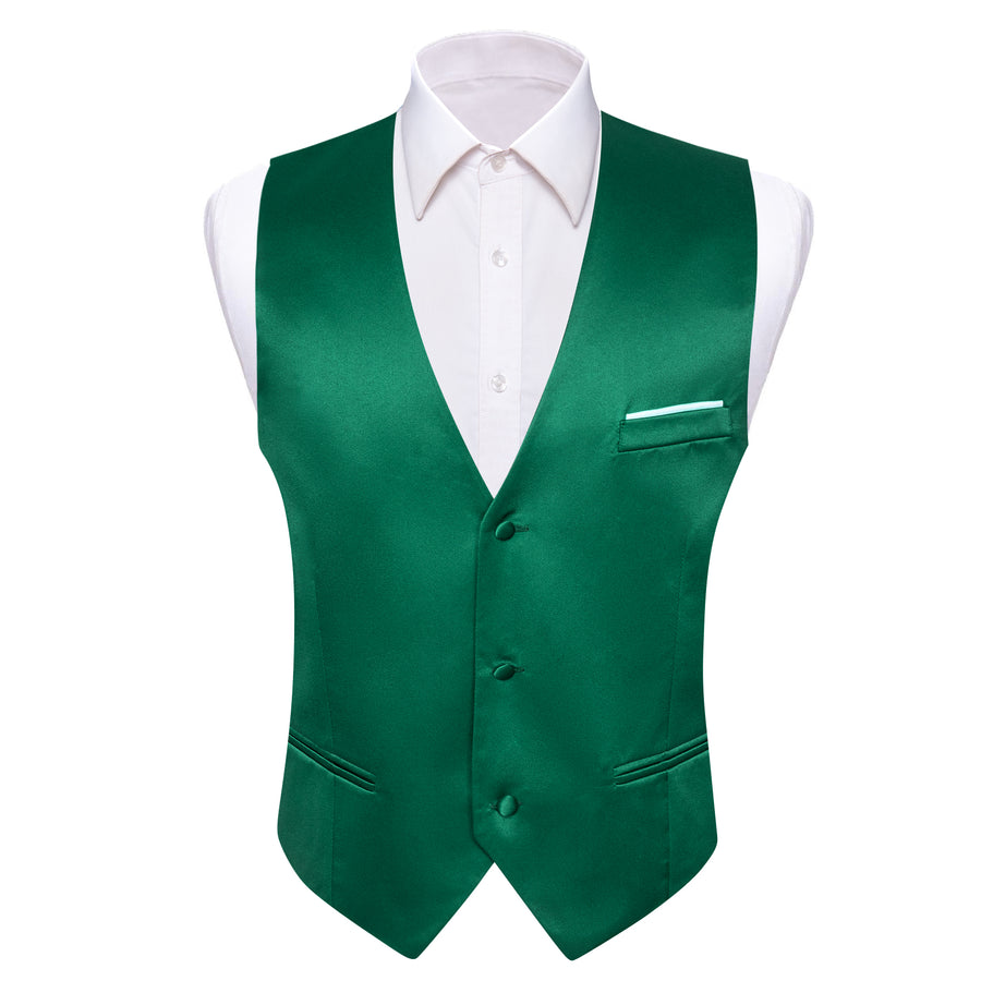 Green Solid Satin Men's V Neck Vest Set vest set    - Sophisticated Gentlemen
