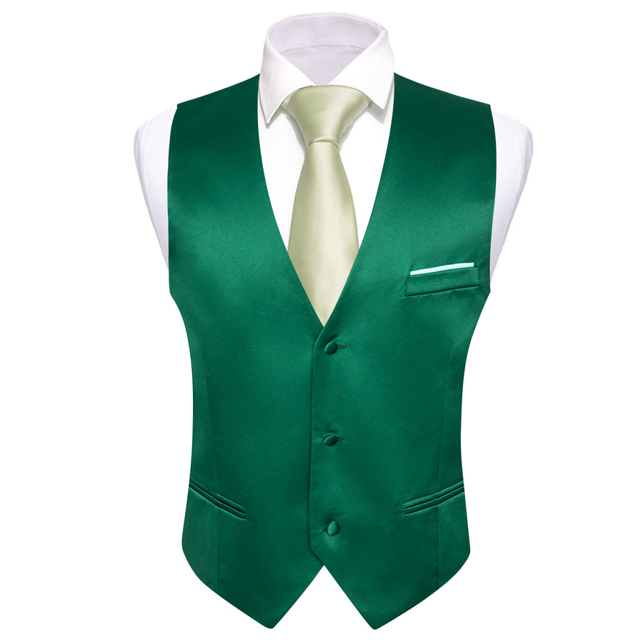 Green Solid Satin Men's V Neck Vest Set vest set    - Sophisticated Gentlemen