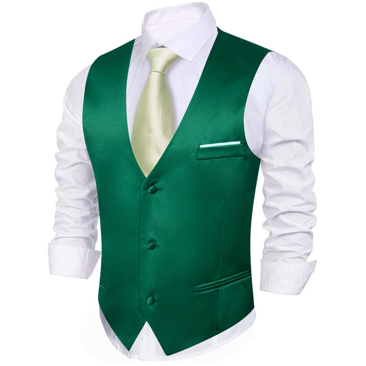 Green Solid Satin Men's V Neck Vest Set vest set S (Chest 40")   - Sophisticated Gentlemen