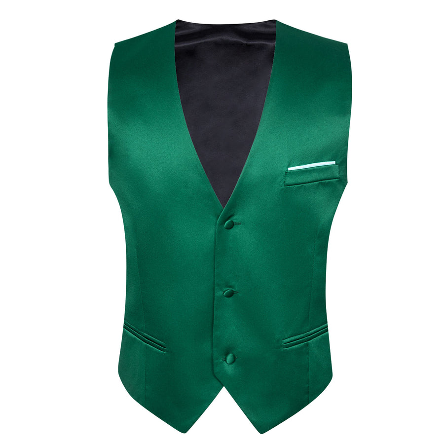 Green Solid Satin Men's V Neck Vest Set vest set    - Sophisticated Gentlemen