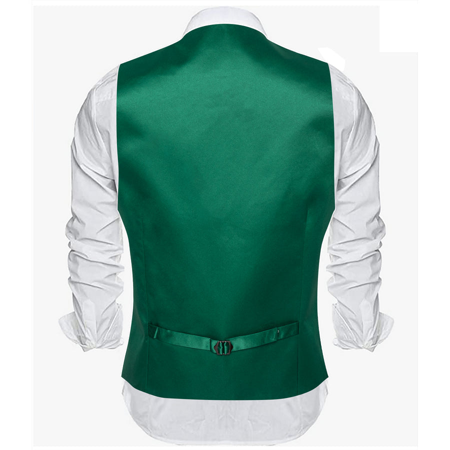 Green Solid Satin Men's V Neck Vest Set vest set    - Sophisticated Gentlemen