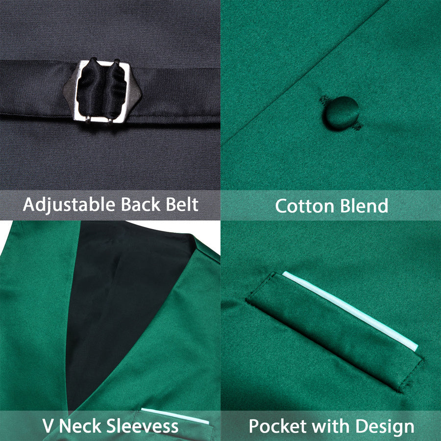 Green Solid Satin Men's V Neck Vest Set vest set    - Sophisticated Gentlemen