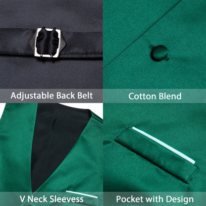 Green Solid Satin Men's V Neck Vest Set vest set    - Sophisticated Gentlemen