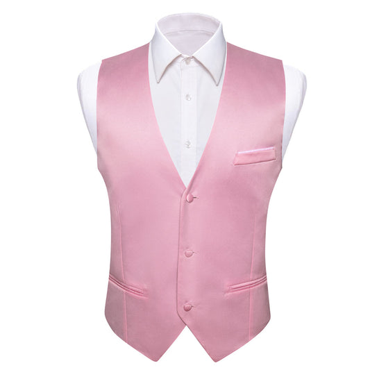 Pink Solid Satin Men's V Neck Vest Set vest set S (Chest 40")   - Sophisticated Gentlemen