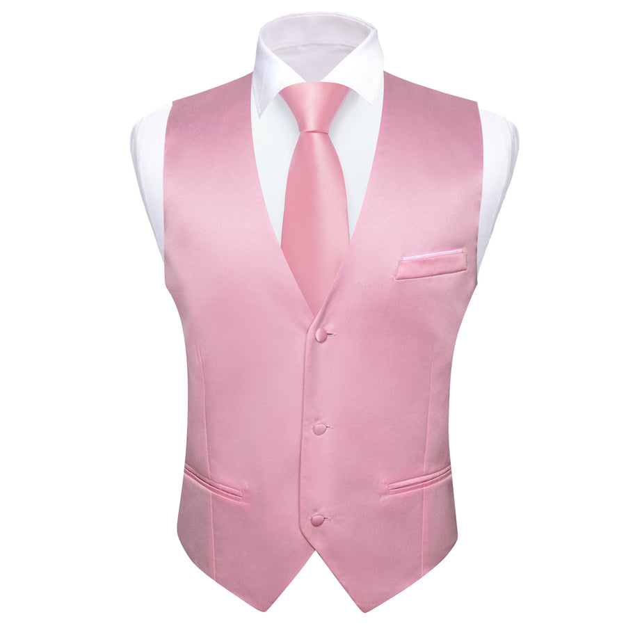 Pink Solid Satin Men's V Neck Vest Set vest set    - Sophisticated Gentlemen