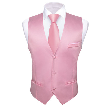 Pink Solid Satin Men's V Neck Vest Set vest set    - Sophisticated Gentlemen