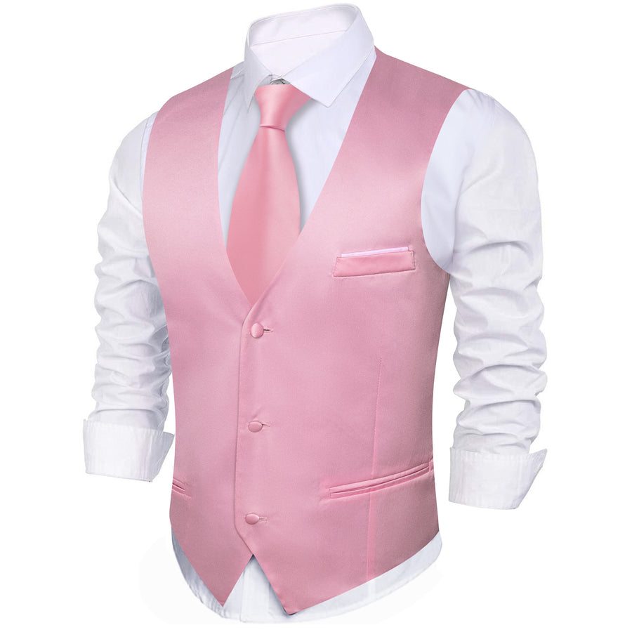 Pink Solid Satin Men's V Neck Vest Set vest set    - Sophisticated Gentlemen