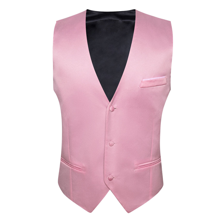 Pink Solid Satin Men's V Neck Vest Set vest set    - Sophisticated Gentlemen