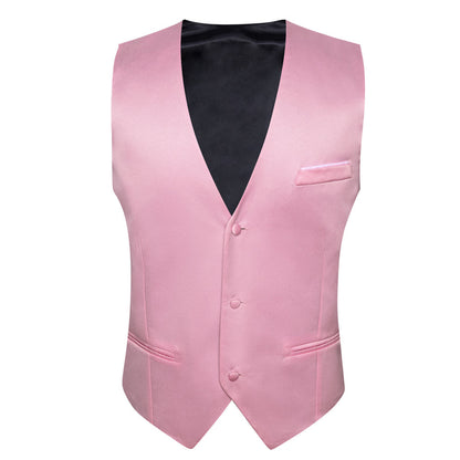 Pink Solid Satin Men's V Neck Vest Set vest set    - Sophisticated Gentlemen