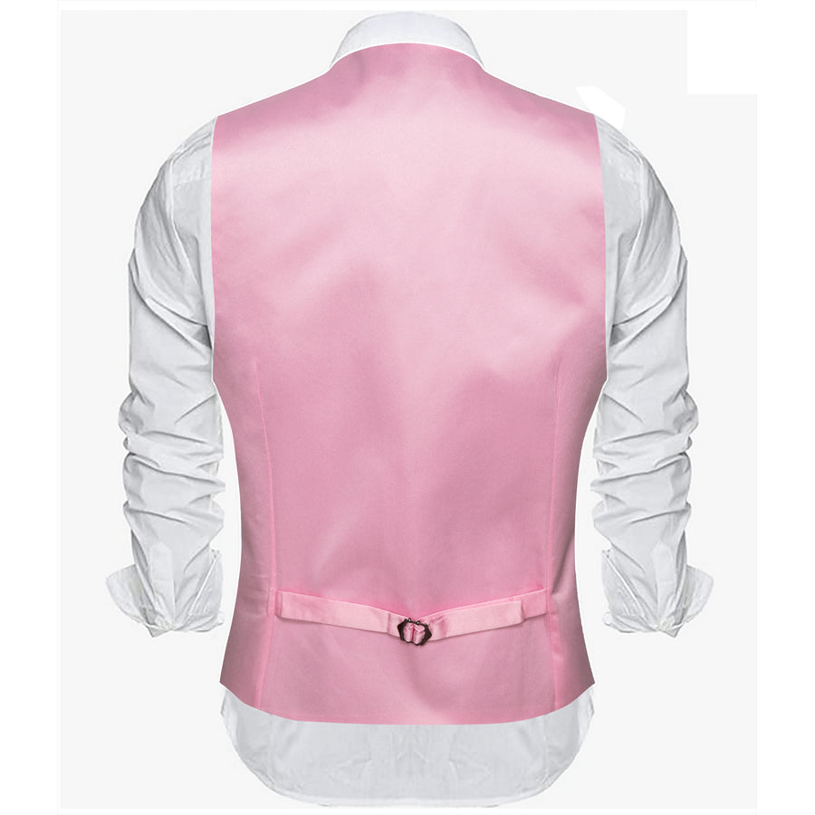 Pink Solid Satin Men's V Neck Vest Set vest set    - Sophisticated Gentlemen